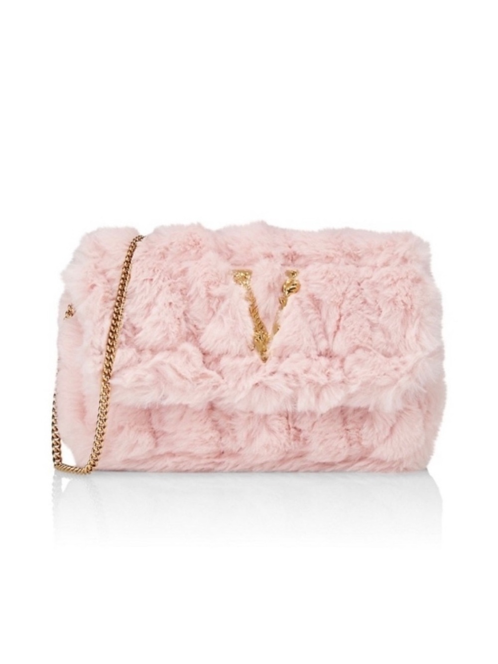 Versace Virtus V Faux Fur Quilted Flap Bag in English Rose/Gold Chain